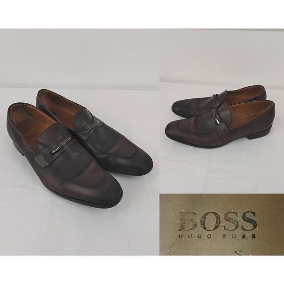 Hugo Boss Dress Shoes Men\'s 9 Brown Leather Slip On Penny Loafer #W4754 main image 5